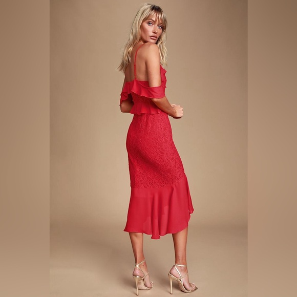 Lulu’s Dance of Romance Red Lace Cold-Shoulder Midi Dress - Picture 2 of 12